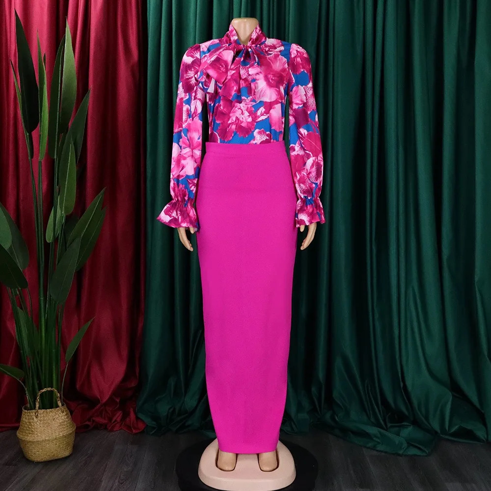 2 Pieces Sets Womens Outfits Skirts and Top Shirts Bow Collar Printed Sheath Back Split Long Clothes Matching 240326