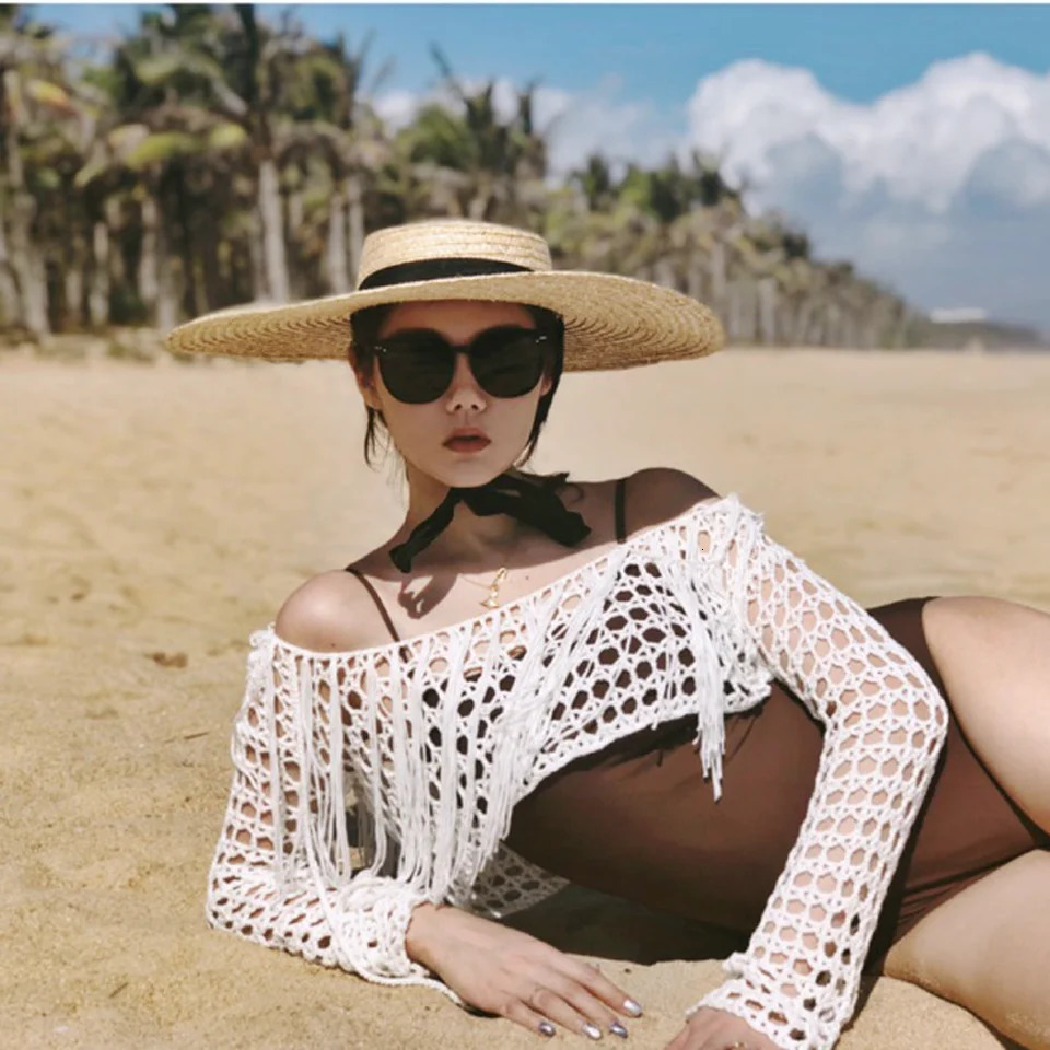 Women Raffia Wide Brim Boater Hat 15cm 18cm Straw Flat Summer With White Black Ribbon Tie Sun Beach Cap 240410
