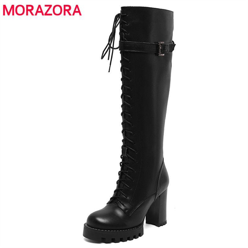 new MORAZORA 2025 Size 34-42 New Brand Genuine Leather Boots Women High Heels Winter Platform Knee High Boots Buckle Motorcycle Boots