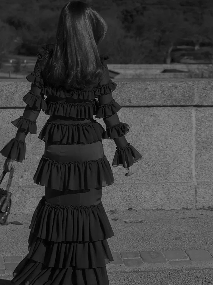 Elegant Brown Midi Cake Hem Dress For Women Sexy See Through Ruffles Long Sleeves Vestidos 2024 Fashion Evening Club Party Robes 240327