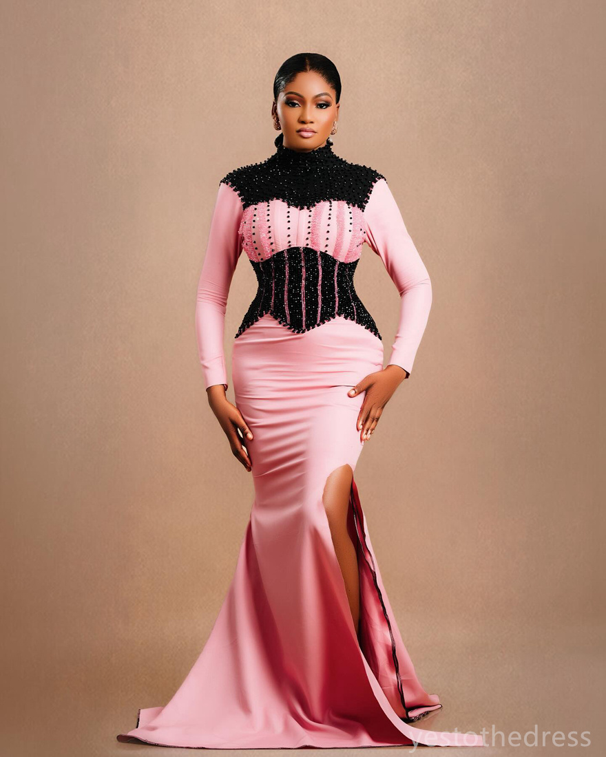 Plus Size Prom Dresses for Black Women Evening Dresses Elegant High Neck Long Sleeves Beaded Side Split Birthday Gowns Second Reception Dress for Occa