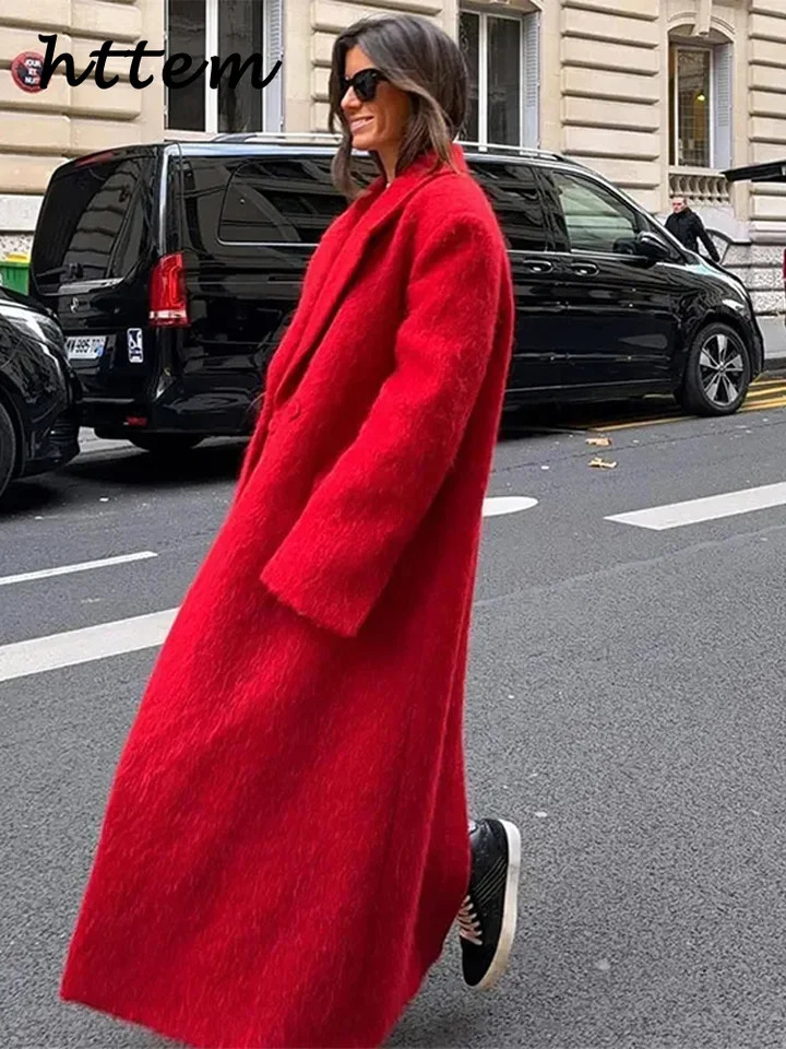 Street Wool Blended Womens Long Red Coat Loose Collar Single Chest Pocket Coat Autumn Winter Womens Solid Street Clothing 241108