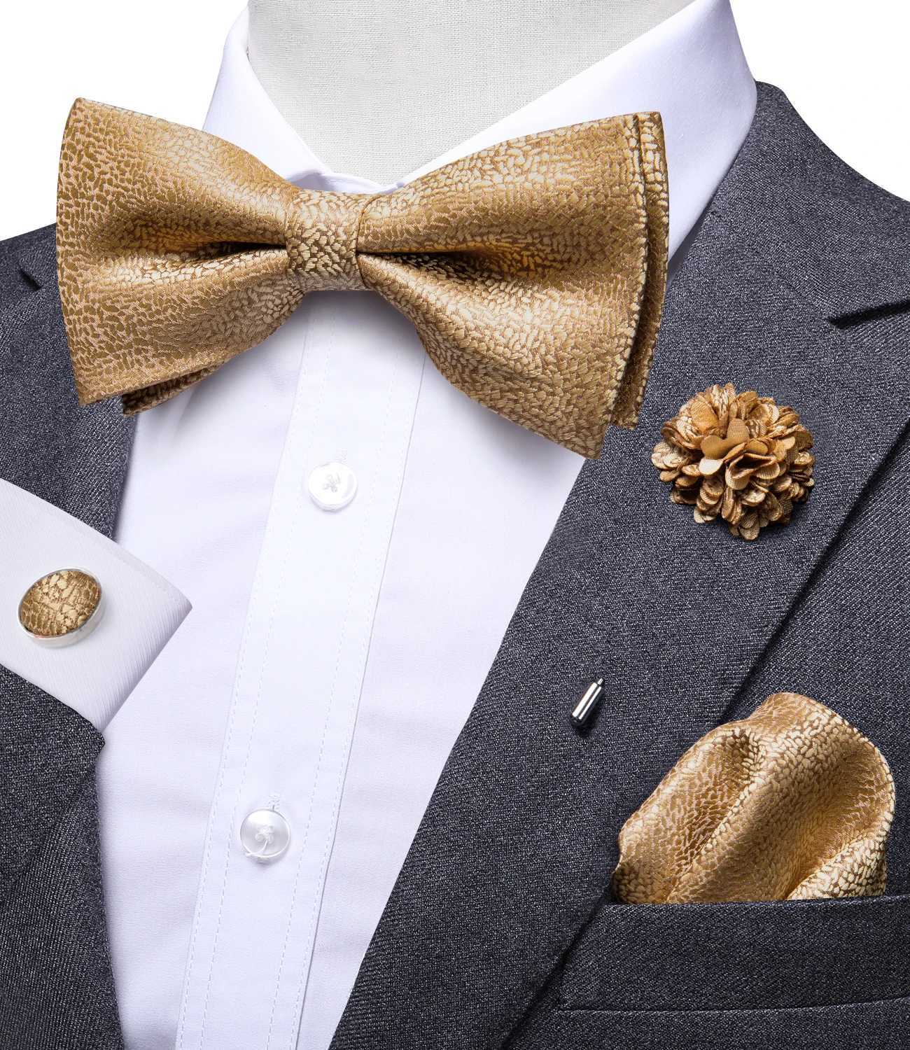 Hi-Tie Fashion Gold Busin Wedding Bowties Men Brooch Pocket Square Cufflinks Set Silk Bow Tie Necktie for WeddingX241109