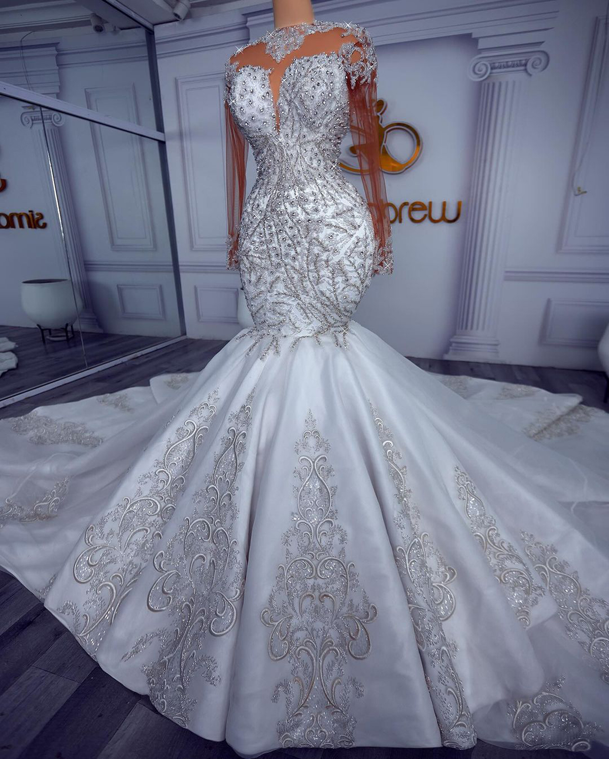 Crystal Wedding Dresses Mermaid Bridal Gowns Sequins Rhie Custom Made Appliques Long Sleeve Slim Sweep Train Vestidos De Novia