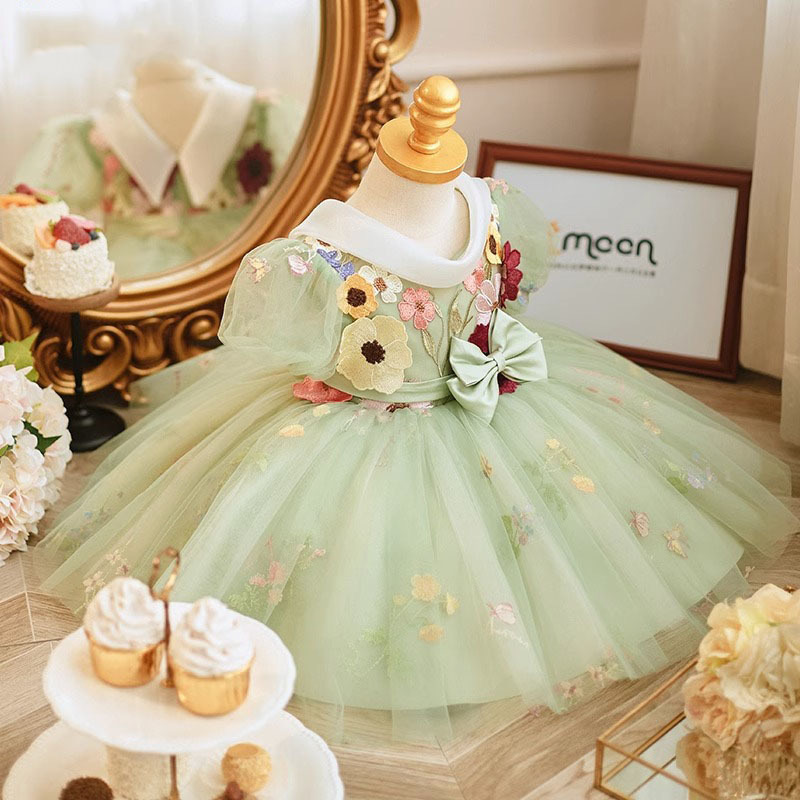 New Vintage Flower Girls Dresses For Wedding 3D flowers Lace Champagne Princess Party Children Birthday Girl Pageant Princess embroidery Children Page