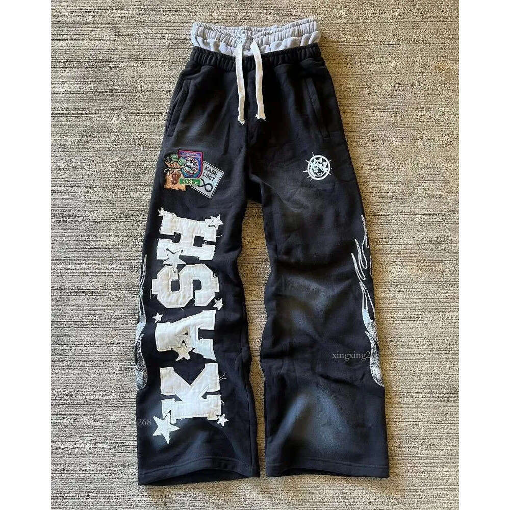 Men's Pants American Sweatpants Y2K Men Gothic Hip Hop Letter Patch Retro Double Layer Design Baggy Elastic Waist Jogging Casual