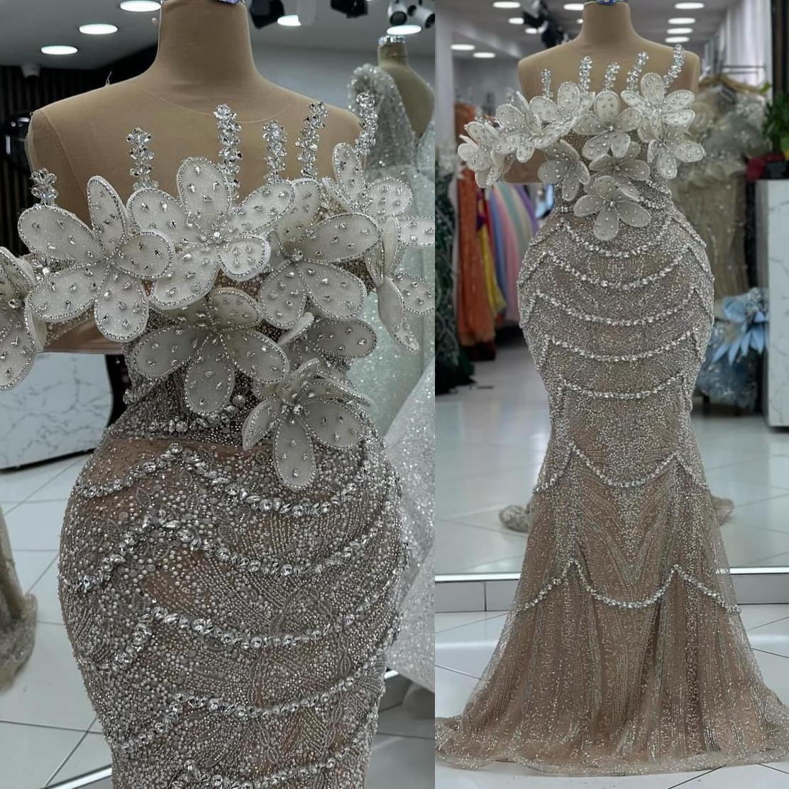 2024 Plus Size Champagne Illusion Mermaid Prom Dresses For Special Occasions Rhinestones Florals Evening Party Birthday Gowns Dress For Women Vestidos