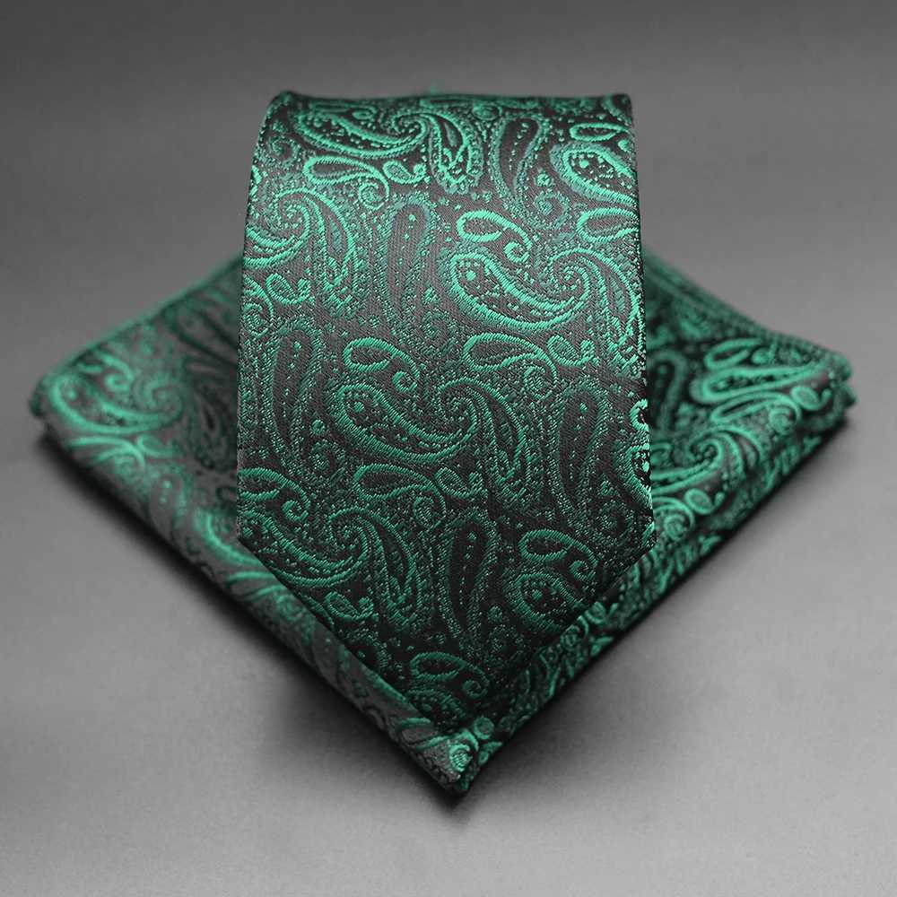 7CM Jacquard Necktie Paisley Floral Mens Tie Top Quality Blue Green Busin Tie Pocket Square Set Classic For Men GiftX241109