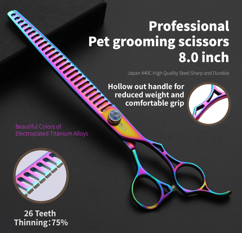 Fenice 8 Inch Dog Thinning Scissors 26 Teeth Professional Shears for Dogs Purple Pet Scissors Thinning Rate 75%