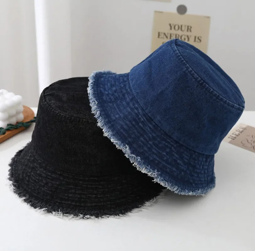 Japan and South Koreas JIMIN Retro Raw Edge Denim Fisherman Hat Washed Bucket Sunshade Windproof Accessories Gift240410