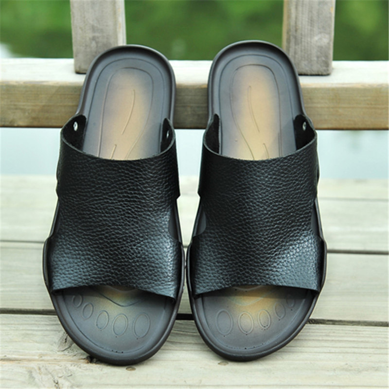 Summer Genuine Leather Men's Sandals Classic Breathable Slip-On Sandals Men Casual Beach Shoes Outdoor Slippers