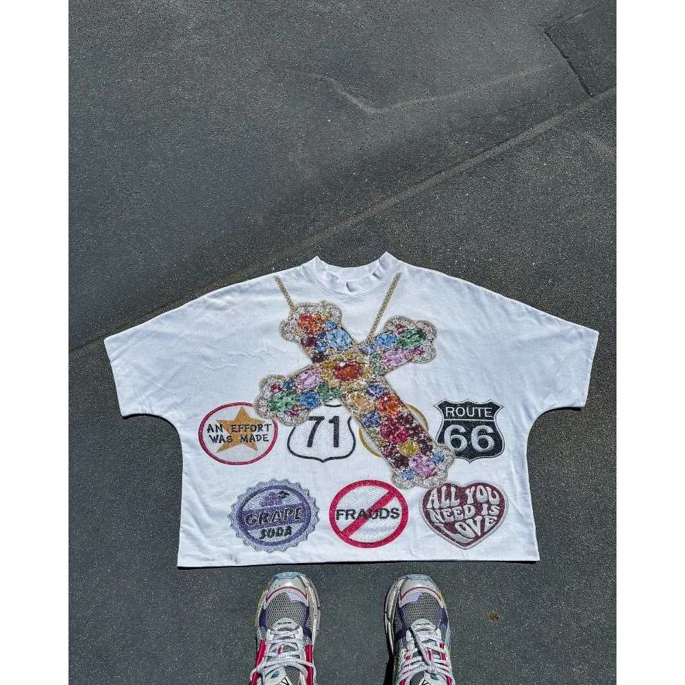 Retro Cross Print Short-Sleeved T-Shirt 2024 Summer New Y2k Top American Female Goth Haruku Couple Fashion Casual Loose Shirt