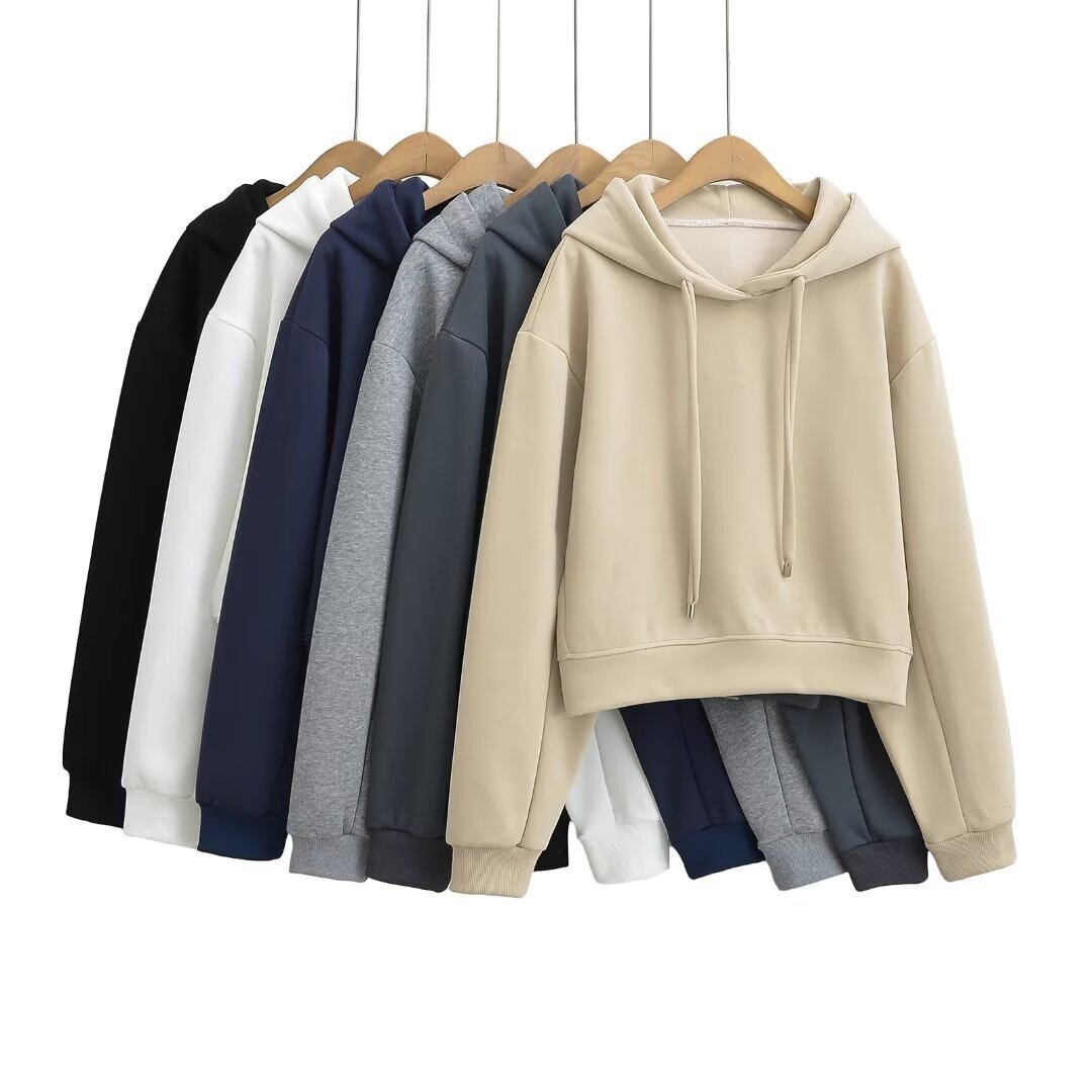 Designer's simple solid color loose hoodie top autumn new casual versatile short hooded sweatshirt for women