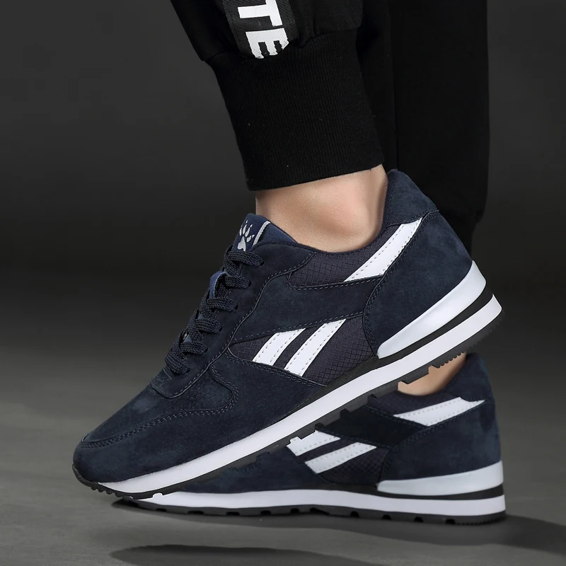 Autumn Men Sneakers Natural Pig Skin Material Male Trainers Outdoor Stylish Shoes Lace-Up Flats Non-Slip Rubber Sole Blue Grey 906