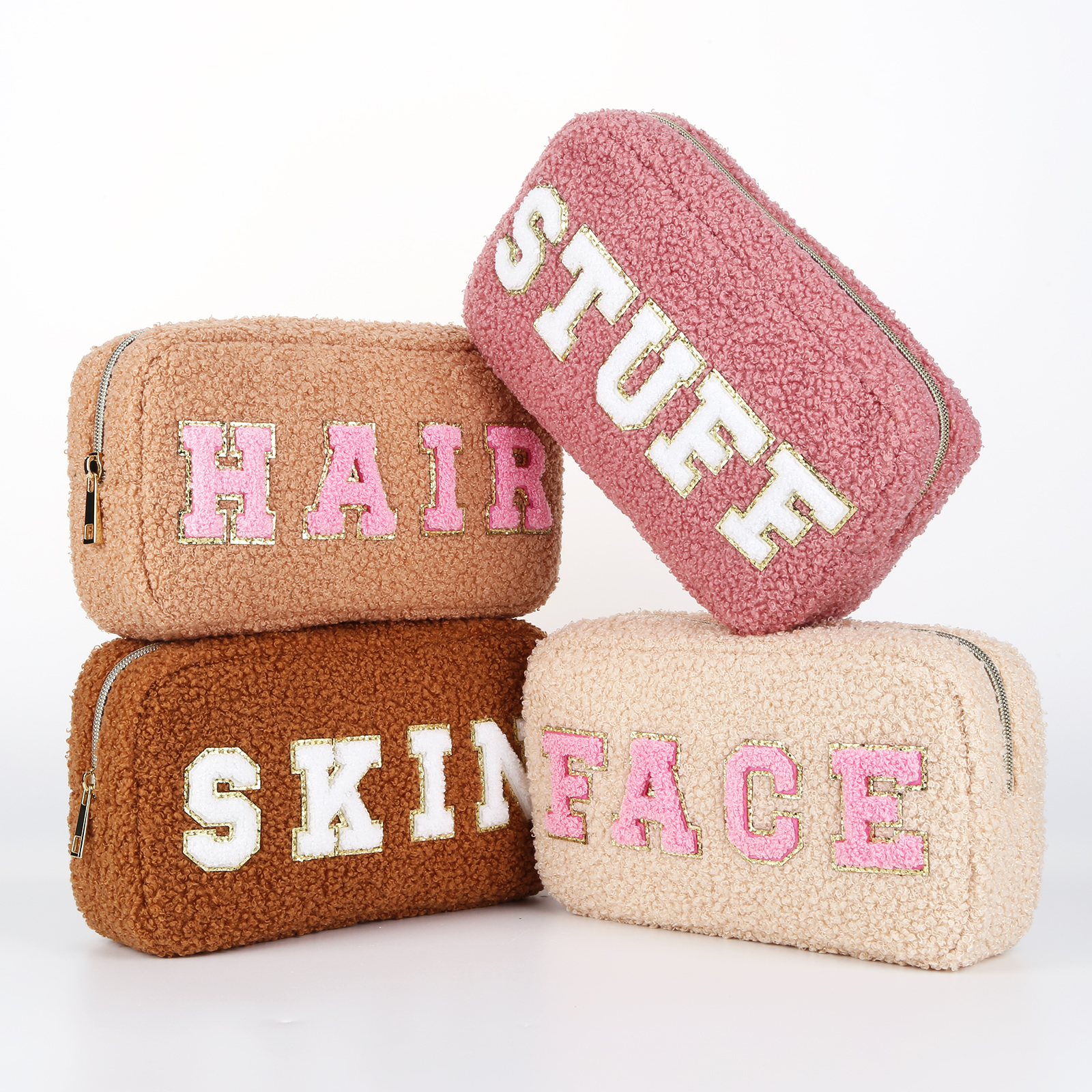 Preppy Fluffy Cosmetic Chenille Letter Organizer New Storage Bag Travel Makeup Pouch Gift for Women and Girls