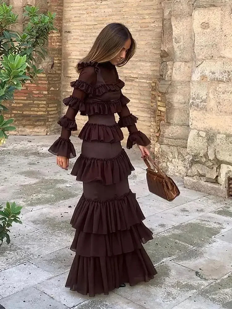 Elegant Brown Midi Cake Hem Dress For Women Sexy See Through Ruffles Long Sleeves Vestidos 2024 Fashion Evening Club Party Robes 240327