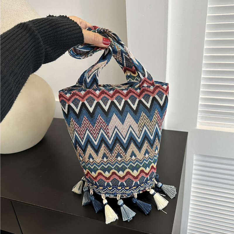 Ethnic Style Su Large Capacity Women's 2023 New Fashion Striped Handheld Leisure Single Shoulder Chinese Feng Shui Bucket Bag