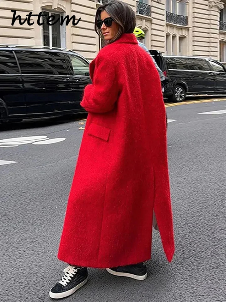 Street Wool Blended Womens Long Red Coat Loose Collar Single Chest Pocket Coat Autumn Winter Womens Solid Street Clothing 241108
