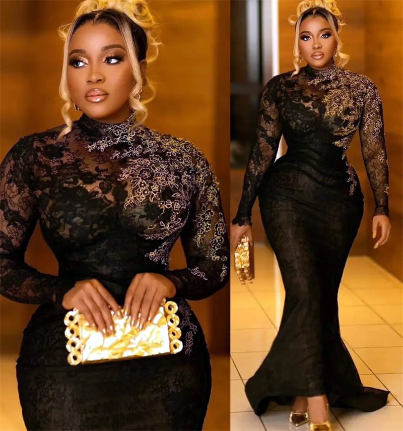 Vintage Black Lace Mermaid Evening Dresses With Gold Appliques Long Sleeves High Neck Formal Occasion Gown For Women 2024 Aso Ebi Arabic Prom Dress