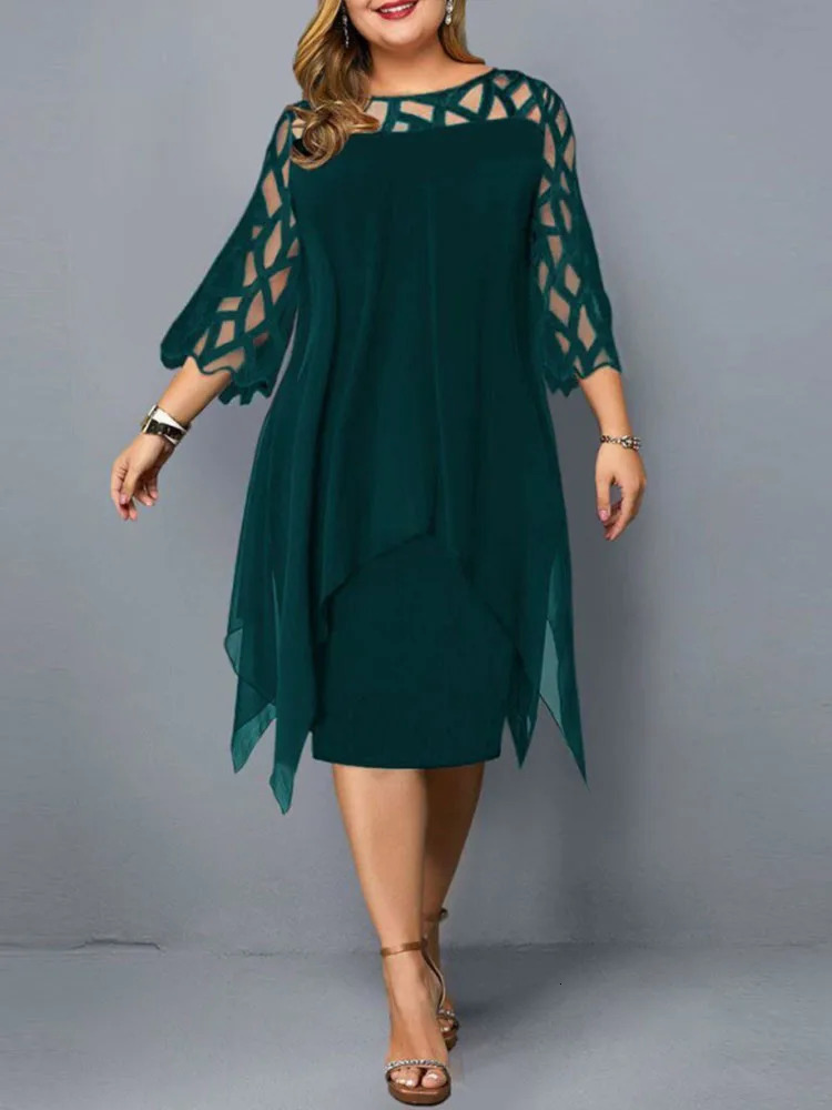 Elegant Midi Party Dress For Chubby Women Xxl O Neck Lace Sleeve Hollow Out Solid Sexy WomenS Clothing Evening Dresses 2023 240402