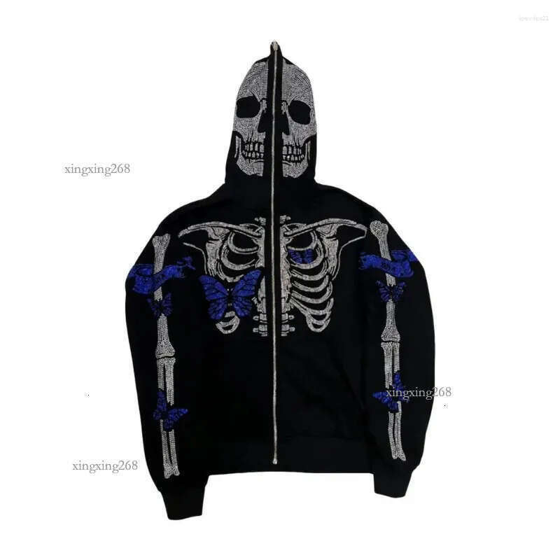 Men's Hoodies Unisex Halloween Hoodie Rhinestone Ghost Skeleton With Zipper Closure Pockets Party Cosplay For Fall