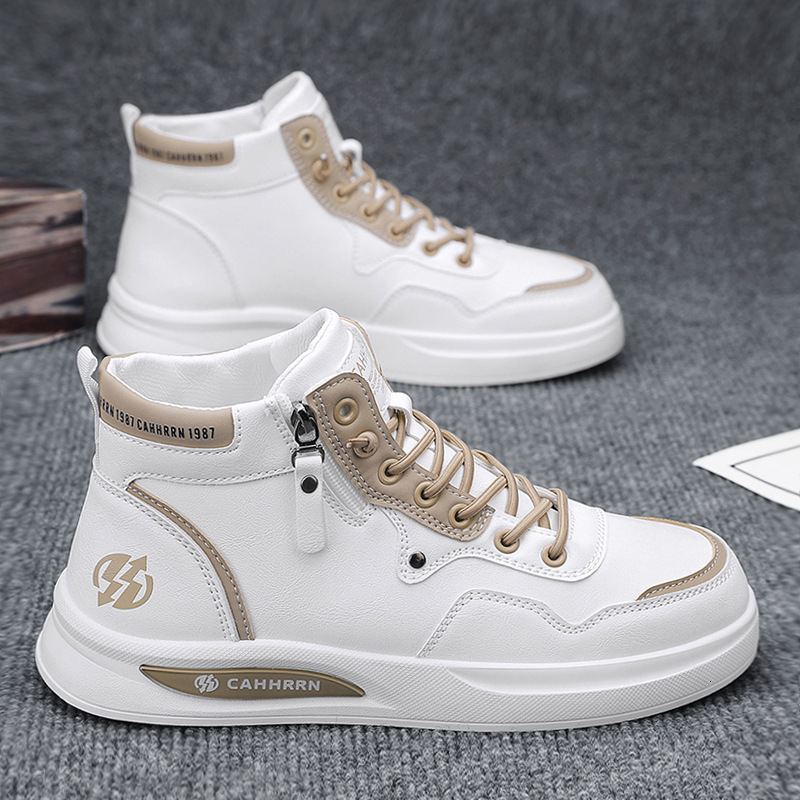 2025 New Men's Leather Spliced High Top Shoes For Outdoor Leisure White Snow Boots For Autumn Warmth No Lace Up Side Zipper Flat Bottomed Board M