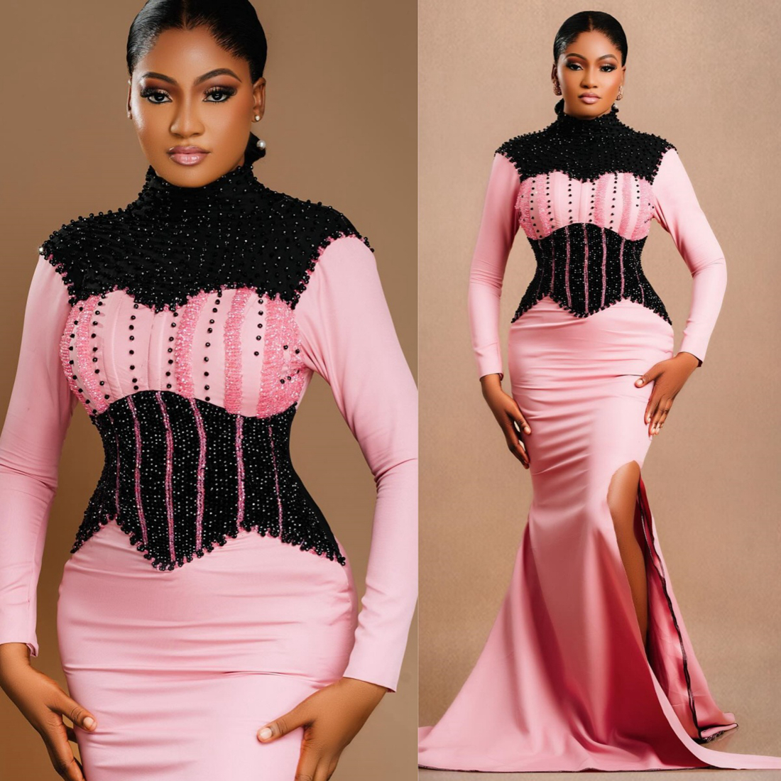 Plus Size Prom Dresses for Black Women Evening Dresses Elegant High Neck Long Sleeves Beaded Side Split Birthday Gowns Second Reception Dress for Occa
