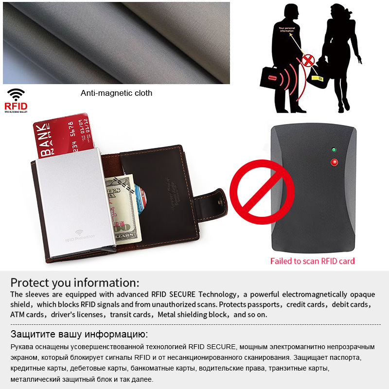HUMERPAUL Cowhide Men Business Aluminum Cash ID Card Holder RFID Slim Metal Wallet Zip Coin Purse Automatic Pop Up Smart Wallets