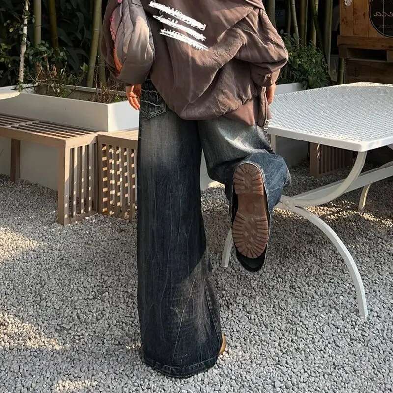 American High Street Design Distressed Scratched Tie-Dye Jeans For Men And Women In Autumn Oversize Wide-Leg Or Mopping Pants