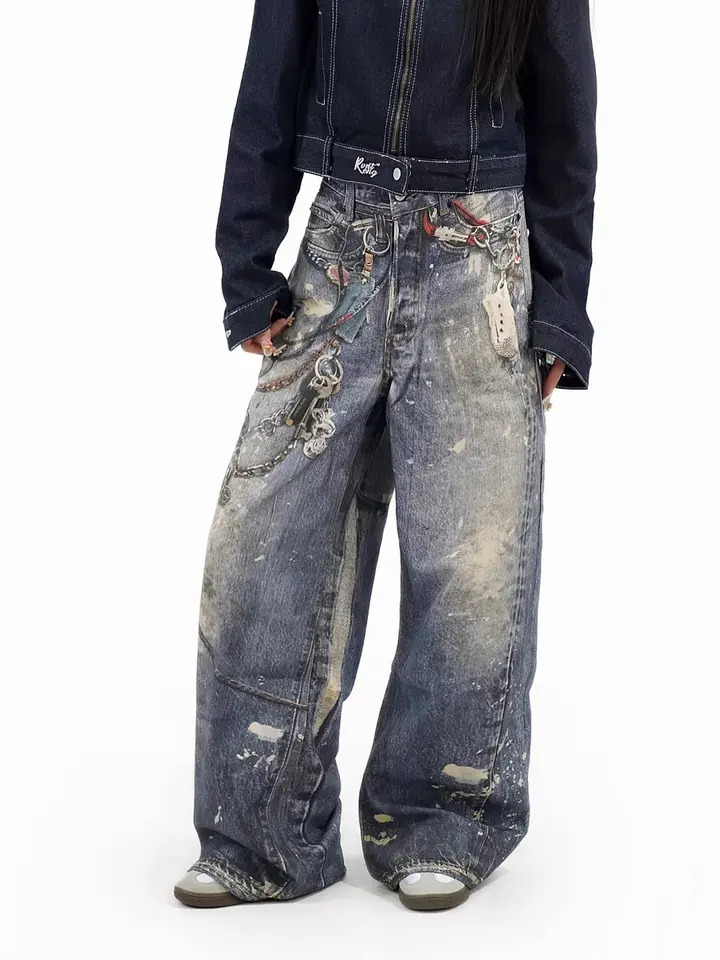 Y2K Mens Retro Street Printing Digital Crop Printing Jeans Mens Loose Straight Personalized Fashion Mop Wide Legs Trousers 241108