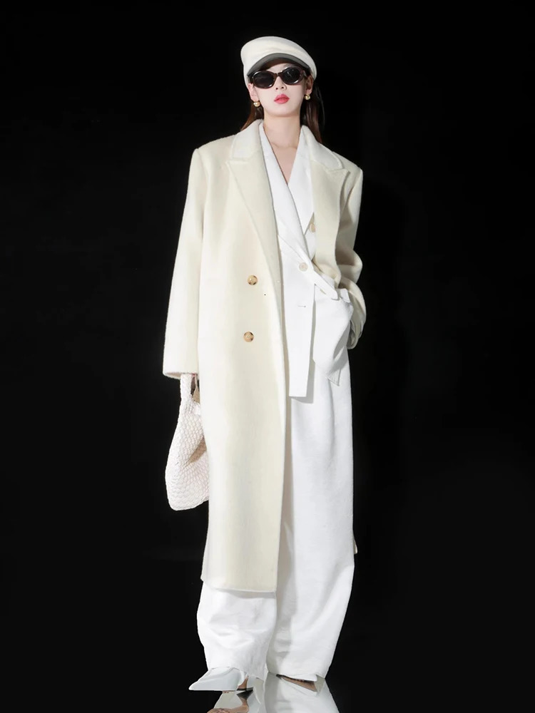 Elegant double breasted wool coat womens long autumn and winter jacket 241108