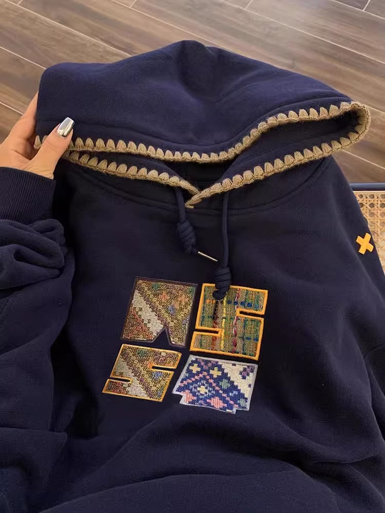 Designer China-Chic Embroidery American Hooded Sweater Women's Autumn 2024 New Loose Lazy Style Oversize Coat