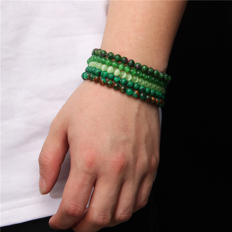 Green Natural Stone 6MM Beads Bracelets For Women Men Pray Heath Agates Cat Eye Stretch Elastic Rope Bangles Pulseras Jewellery