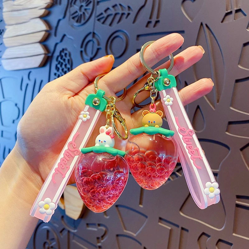 Sweet Strawberry Fruit Cup Floating Rabbit Keychain Cute Moving Liquid Quicksand Bear Doll Key Chain Women Girl Bag Gift Pendant