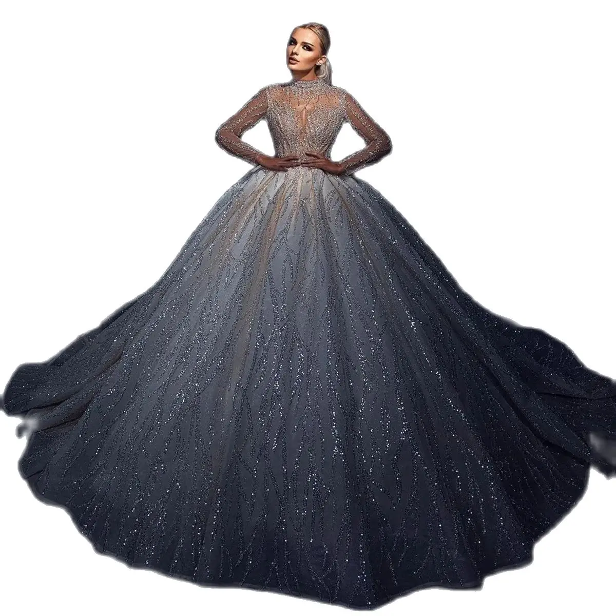 Sparkly Ball Wedding Dress High Collar Long Sleeves Bridal Gown Appliques Sequins Sweep Train Dresses Custom Made Vestidos De Novia 0505