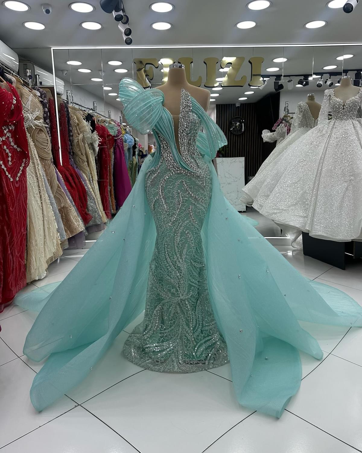 2024 Plus Size Sage Mermaid Prom Dresses For Special Occasions Sequined Rhinestones Luxurious Evening Party Birthday Gowns Dress For Women Vestidos de
