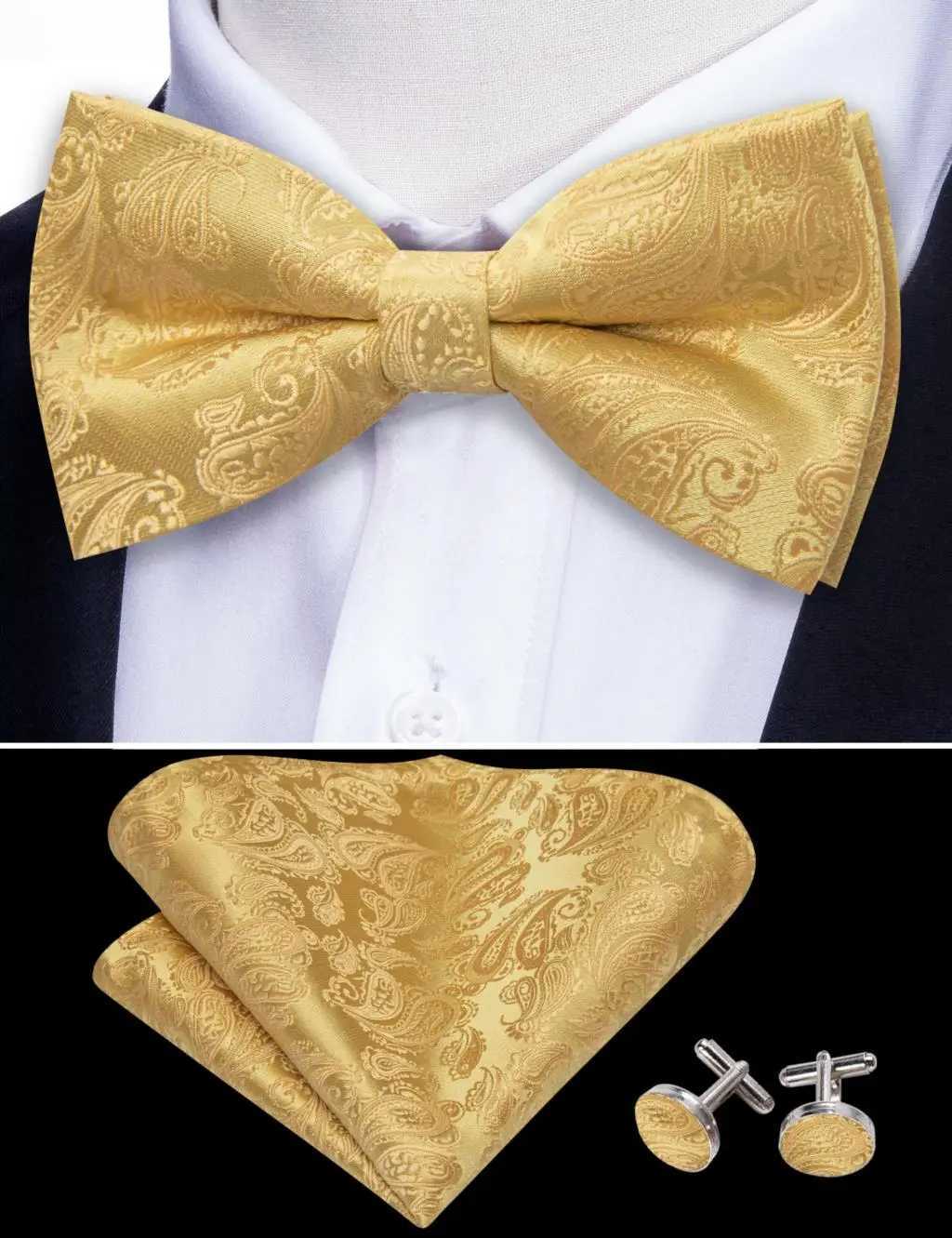 Barry.Wang Gold Yellow Beige Silk Mens Bow Tie Jacquard Paisley Floral Pre-Tied Bowtie Hanky Cufflinks Set Wedding Busin GiftX241109