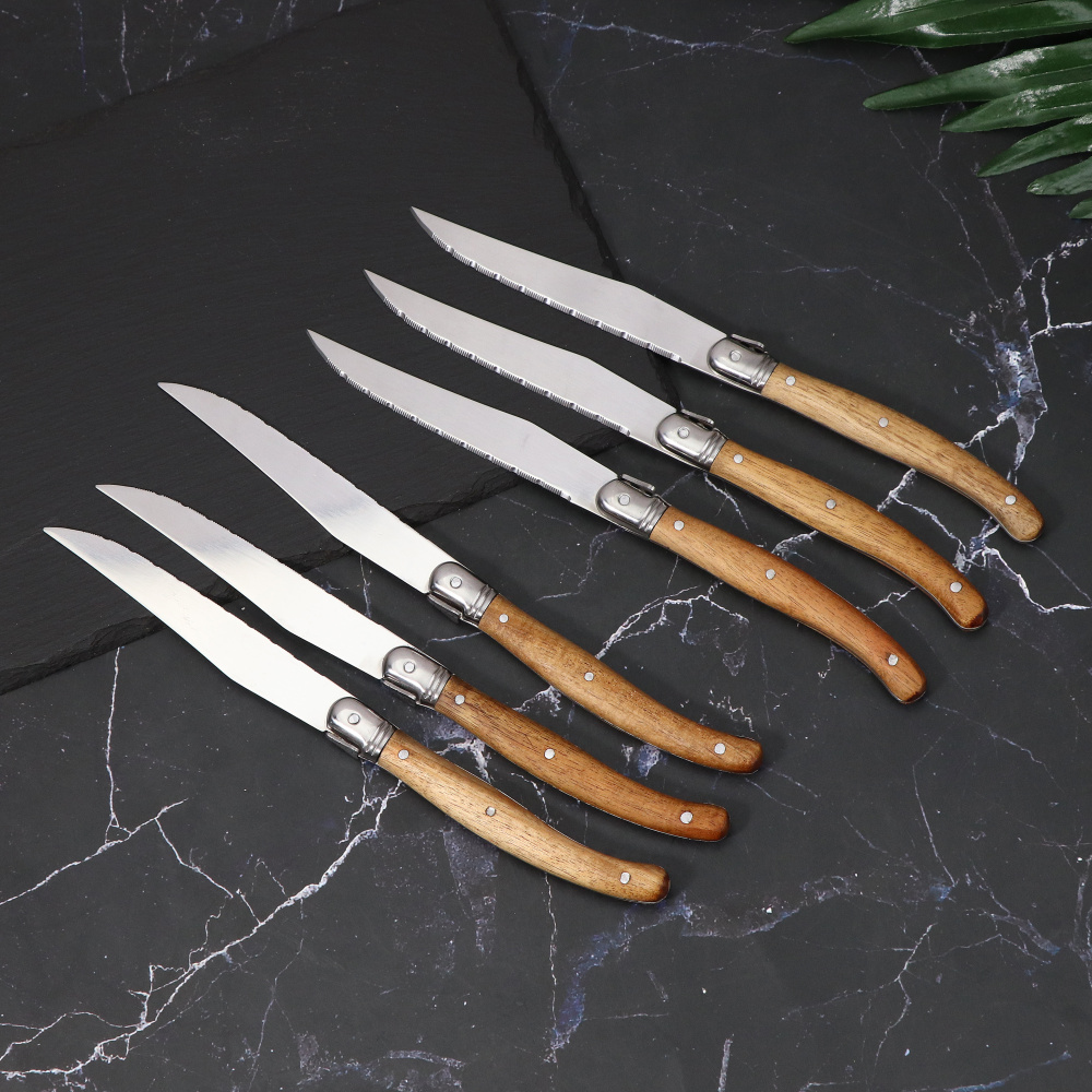 Jaswehome 6-Piece Serrated Steak Knives Set Dinner Knife Cutlery Solid Wood Handle Full Tang Steel Laguiole Table Knife Sharp