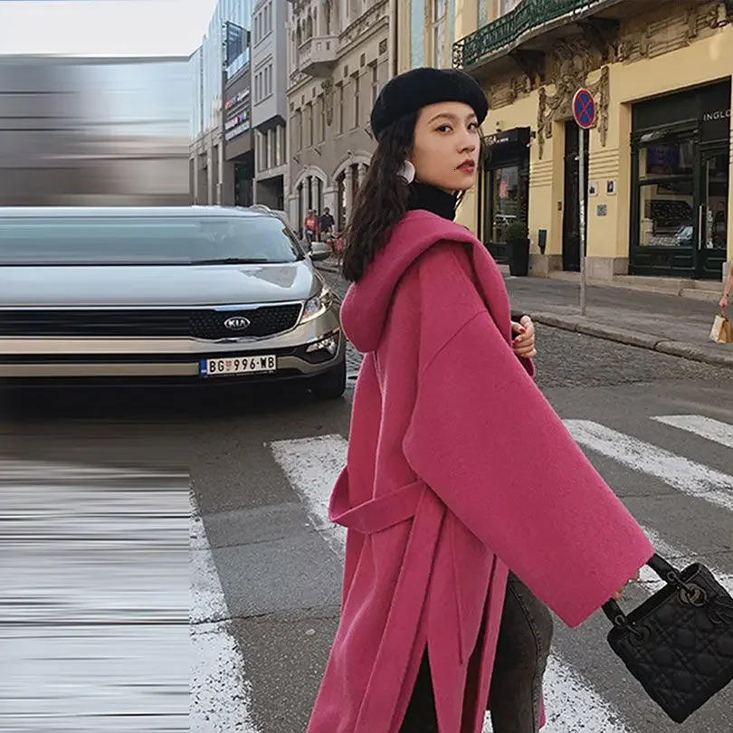 Rose red double-sided womens coat autumn/winter item Korean fashion hooded mid length wool jacket womens winter clothing 241108