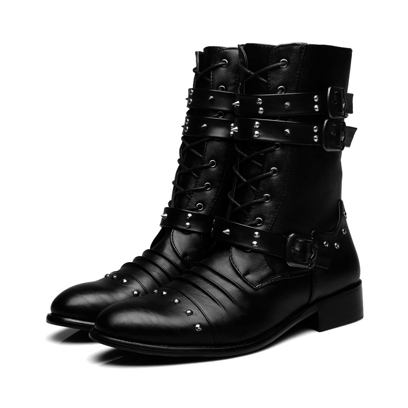 Idopy New Autumn Gothic Men 2025 new Pointed Toe Stage Performance Faux Leather Boots Male Punk Studs High Heels Shoes Rivet Booties