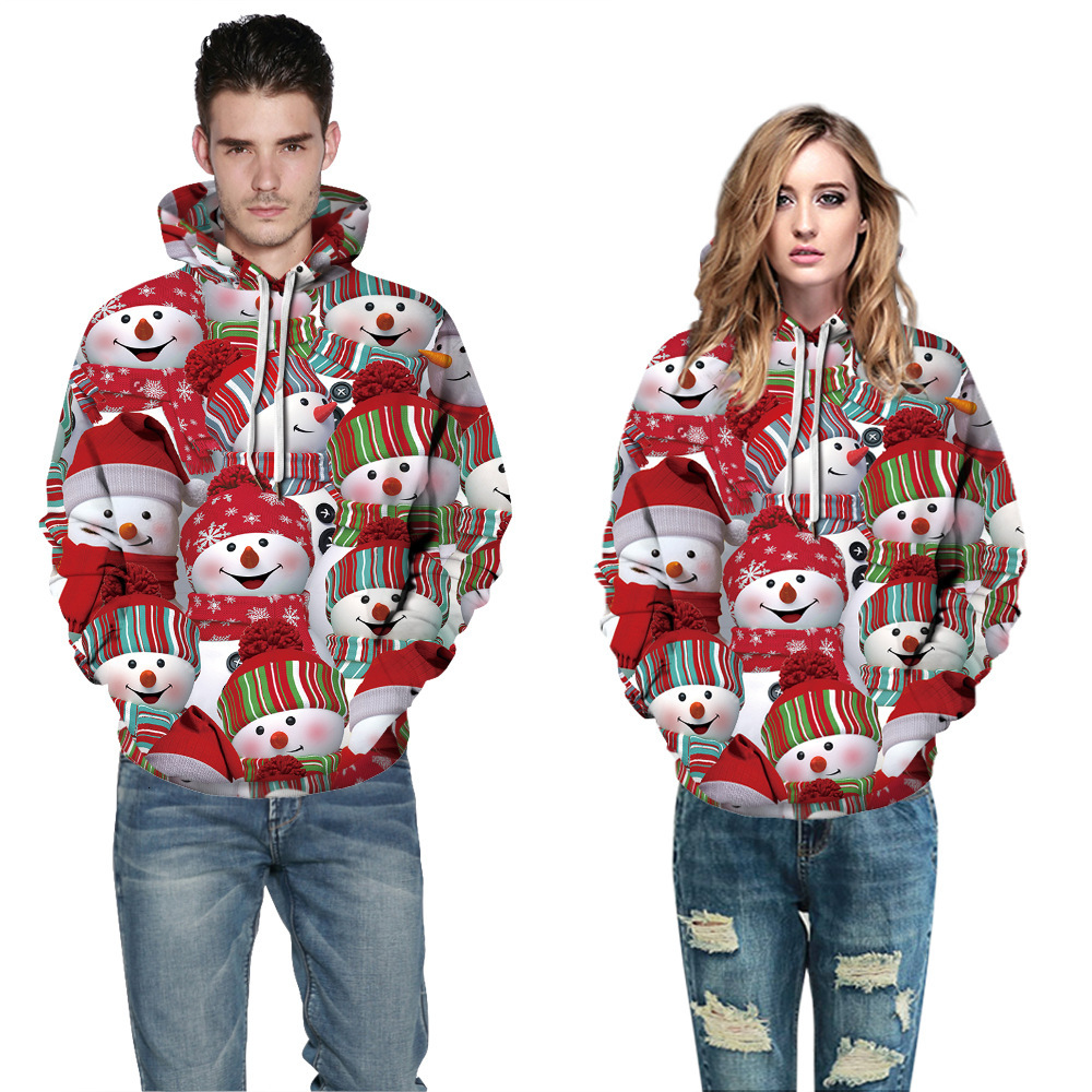 Designer fashion versatile hot selling Christmas snowman digital printed pocket hooded drawstring trendy autumn and winter hoodie