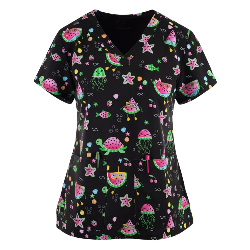 Teeth Print Scrub Tops Women Dentist Working Uniform Nurse Scrub Uniformes Medicos Para Mujer Tooth Hospital Workwear A50 240410