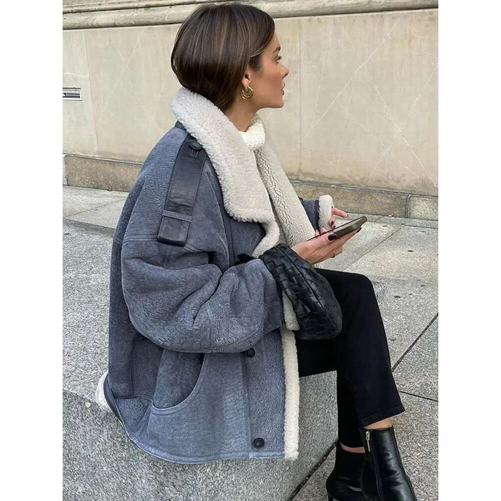 Fashion Blue Lamb Wool Ed Thick Coat Women Casual Single Breasted Lapel Pocket Warm Jacket 2024 Winter New Lady Chic Outwear