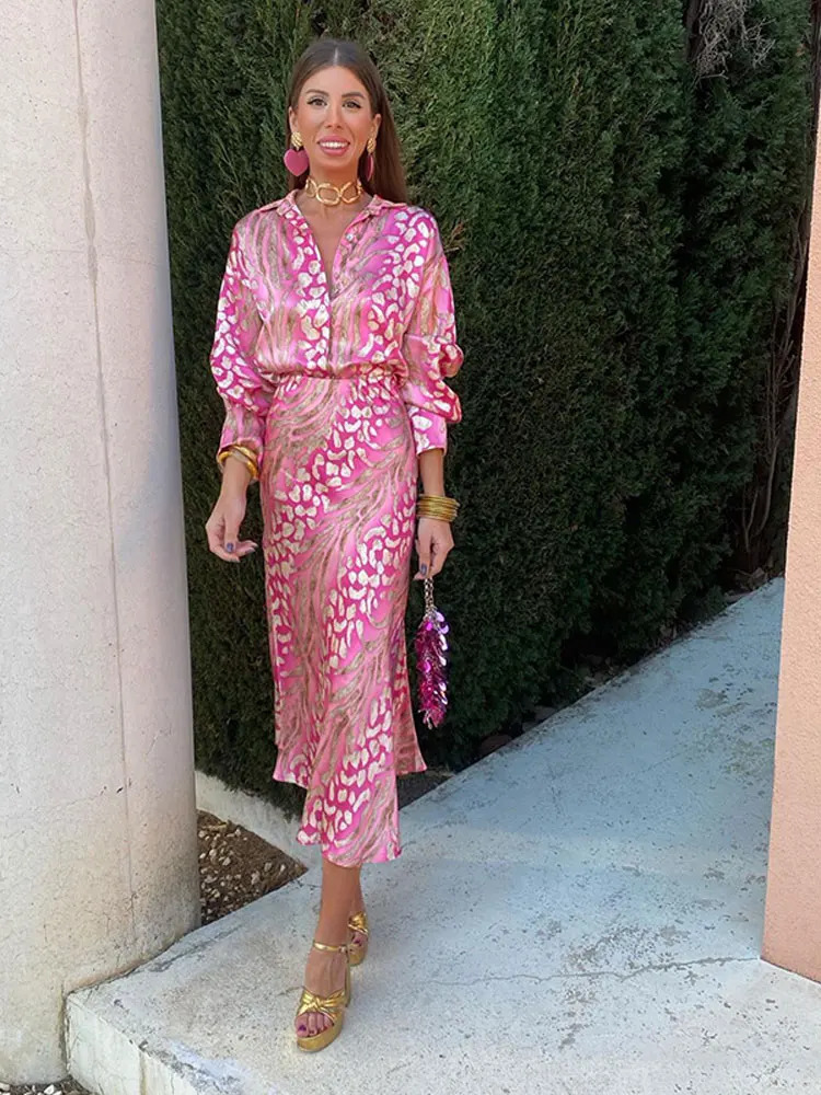 Fashion Print Midi Skirt 2 Piece Set For Women Elegant Lapel Long Sleeves Shirt High Waist Skirts Suits Lady Streetwear Outfit 240401