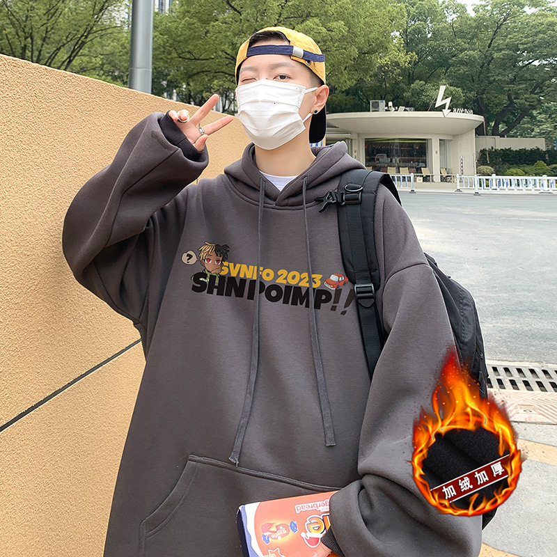 Designer hip hop high street hoodie men's winter plus plush thick loose American style trendy hooded jacket