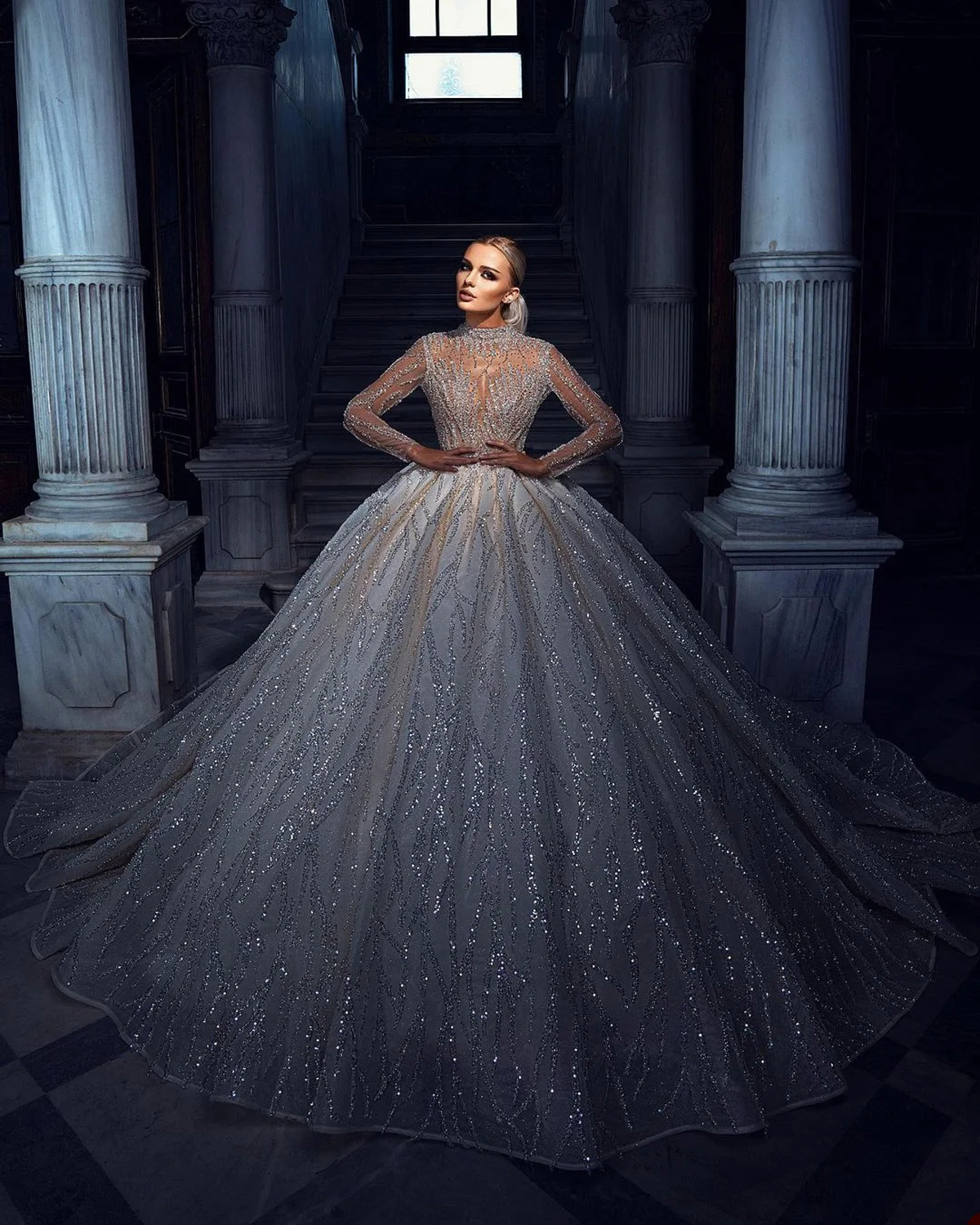 Sparkly Ball Wedding Dress High Collar Long Sleeves Bridal Gown Appliques Sequins Sweep Train Dresses Custom Made Vestidos De Novia 0505