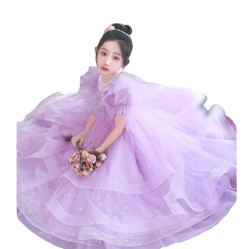 purple Princess Flower Girls Dresses for Weddings sequined Kids Formal Wear Beads Long Pageant Dress First Communion Dress little Girls Tulle Toddler 