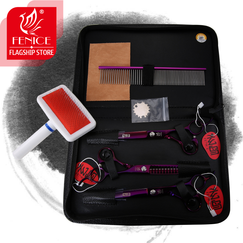 Fenice purple dog grooming scissors set pet dog scissors kit professional curved&straight&thinner shears makas tijeras
