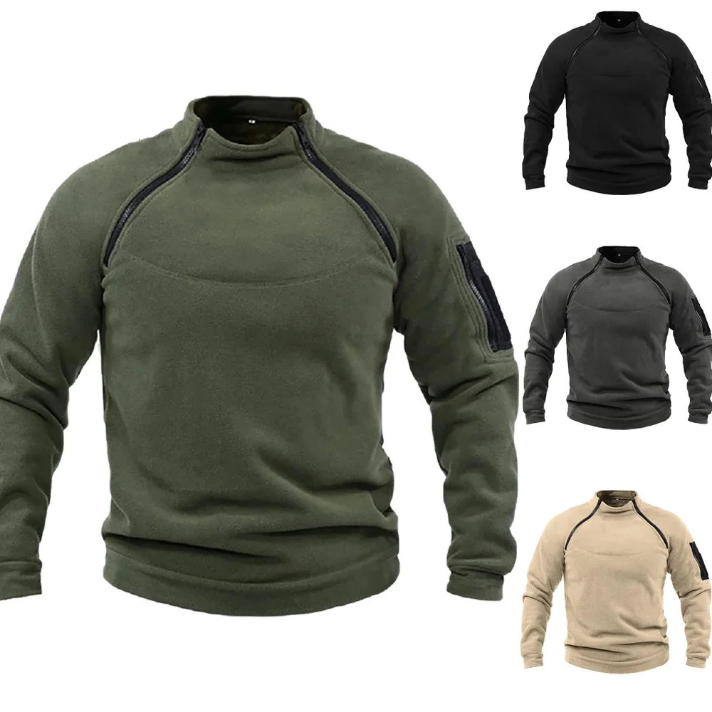 Mens Fleece Pullover Solid Color Standing Collar Jacket Tactical Outdoor Sportwear Coats Male Windproof Thick Sweatshirts 241120