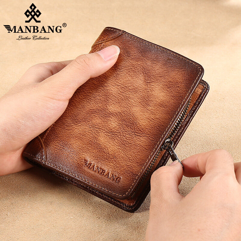 [Vintage Style & Genuine Cowhide Leather]ManBang Brand Luxury Men's Wallet Zipper Short First Layer Cowhide Purse Three Fold